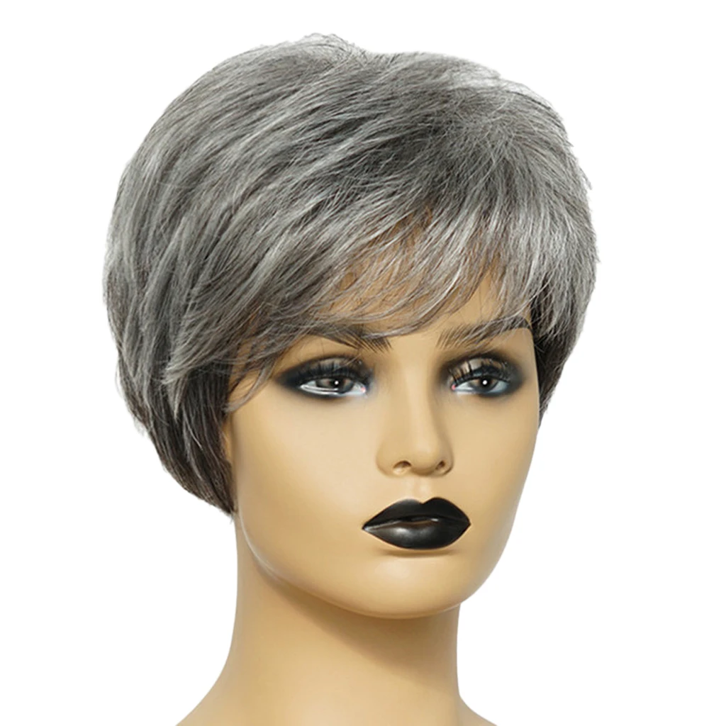 

8'' Natural Short Straight Wigs Human Hair Pixie Cut Wig for Women w/ Side Bangs Black Gray