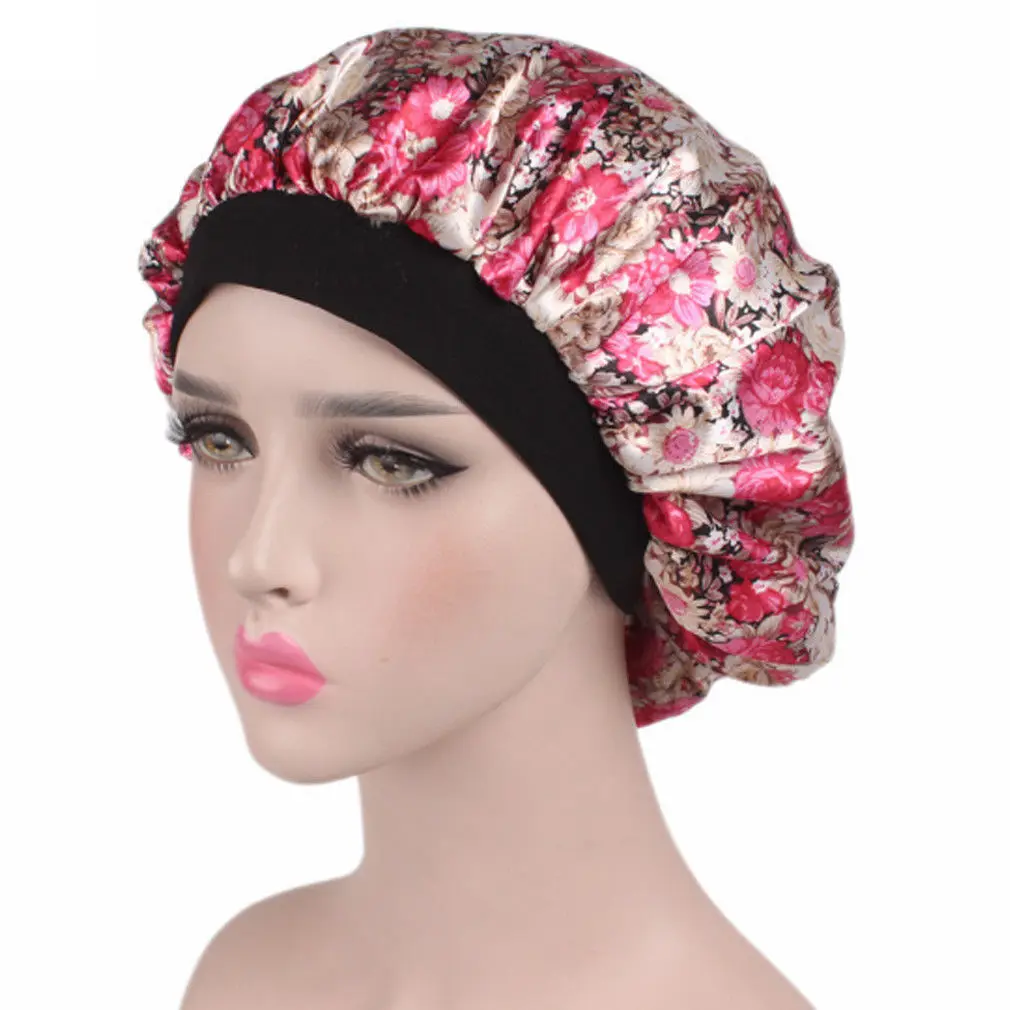 Женская Цветочная шелковая атласная ночная шапка для сна, шляпа для волос, шелковое покрытие для головы, широкая эластичная лента, шапочки