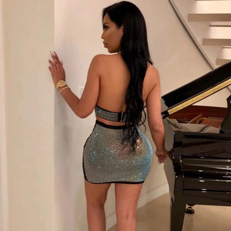 Karlofea Sexy Birthday Party Outfit – Shiny Rhinestone Two Piece Sleeveless Halter Dress Set – Low Neck Club Wear image 3