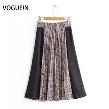 VOGUEIN новые женские пикантные со змеиным узором принт черный сращивания молния Плиссированные Миди юбка
