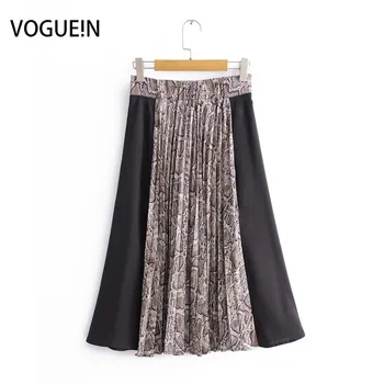 

VOGUEIN New Womens Sexy Snake Pattern Print Black Splice Zipper Pleated Midi Skirt Wholesale