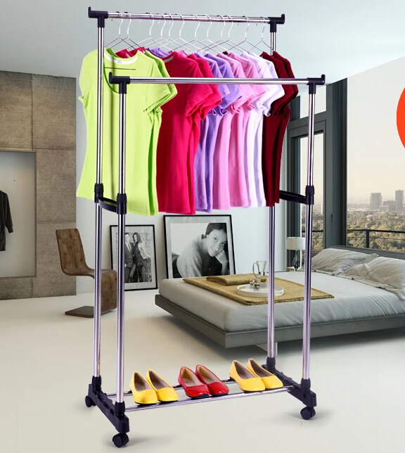  Heavy Duty Double Rail Adjustable Telescopic Rolling Clothing and Garment Rack Portable Hanger on W