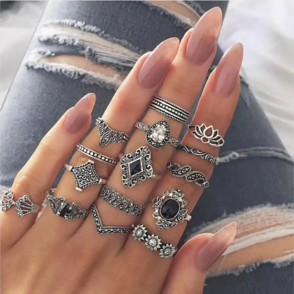 

DreamBell 15Pcs/Set Bohemia Flowers Hollow Out Crown Women Finger Ring Set Knuckle Rings Women Jewelry Accessories Gifts