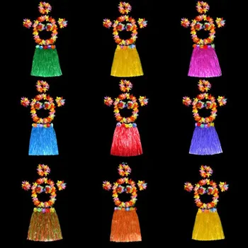 

2019 New Women Girls Thicken Colorful Hawaii Luau Hula Skirt Wristbands Bra Garland Wreath Headband Tropical Summer Party Favor