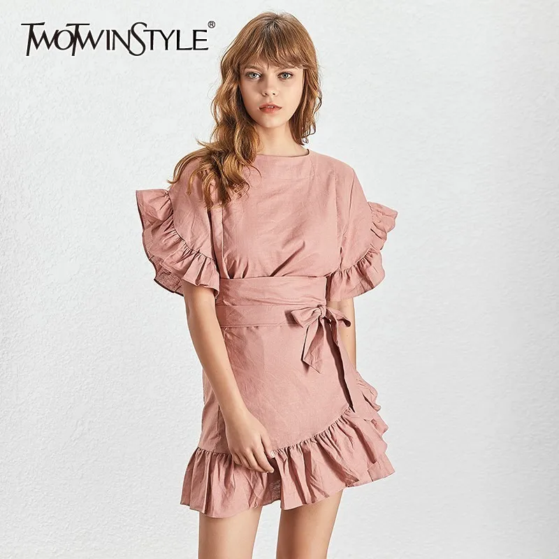 

TWOTWINSTYLE Casual Ruffles Women Dress O Neck Short Sleeve High Waist Lace Up Asymmetrical Mini Dresses Female Fashion Summer