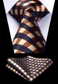 

New Plaid Check Navy Brown Color Mens Tie Woven Silk Necktie Handkerchief Set TC729Z8S