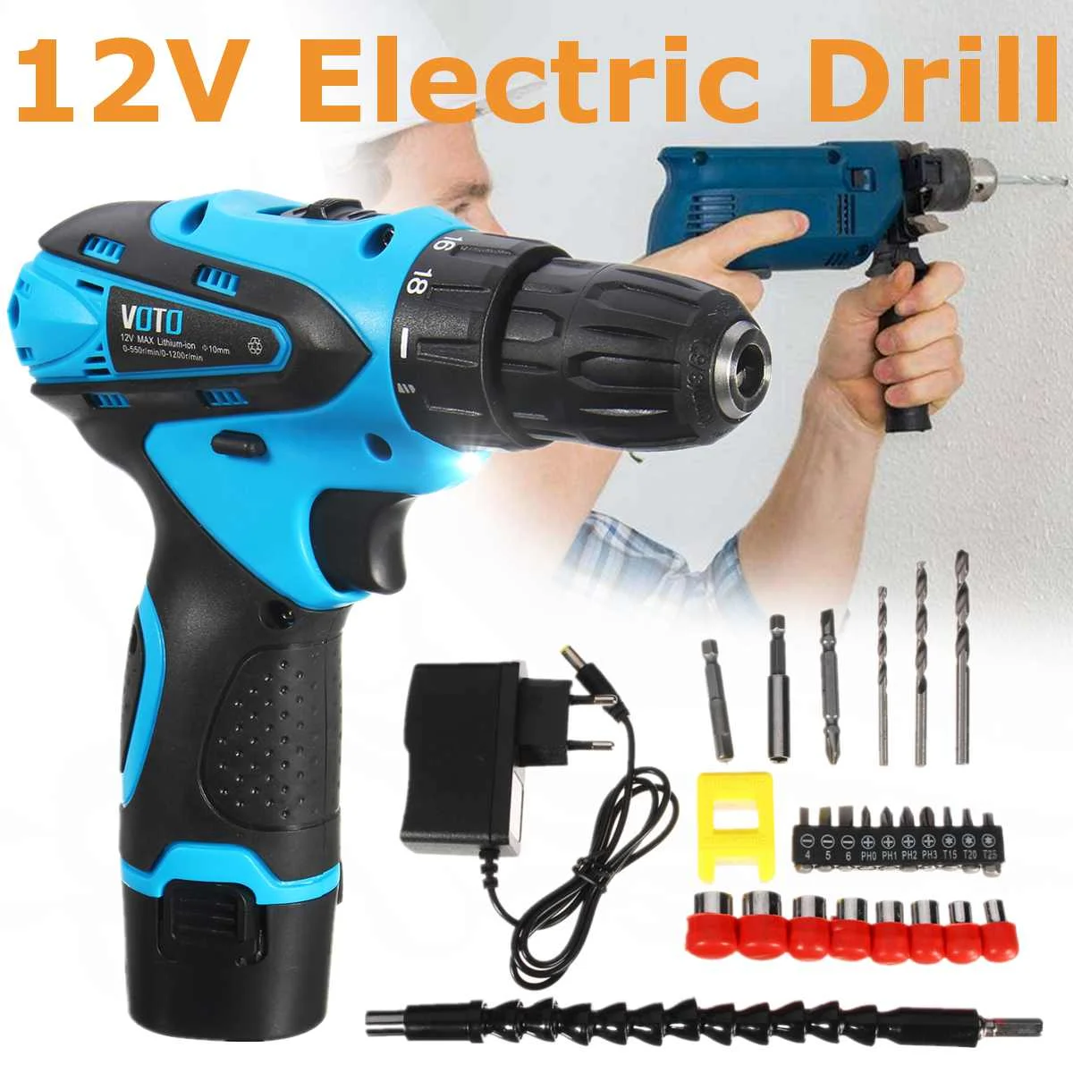 

Doersupp Cordless Screwdriver Full Copper EU Plug Electric Drill Movement Two-speed Adjustment Button 18 Gear Torque 12V