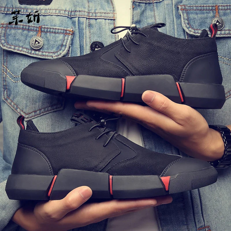 

Nausk 2019 New Brand High Quality All Black Men's Leather Casual Shoes Fashion Breathable Sneakers Fashion Flats