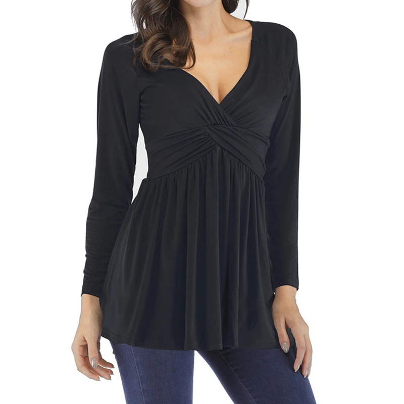 

Plus Size S-5XL Women Blouses Long Sleeve Solid Color Casual Loose Shirts Flare Hem 2019 Spring Summer Blouses Black Tops