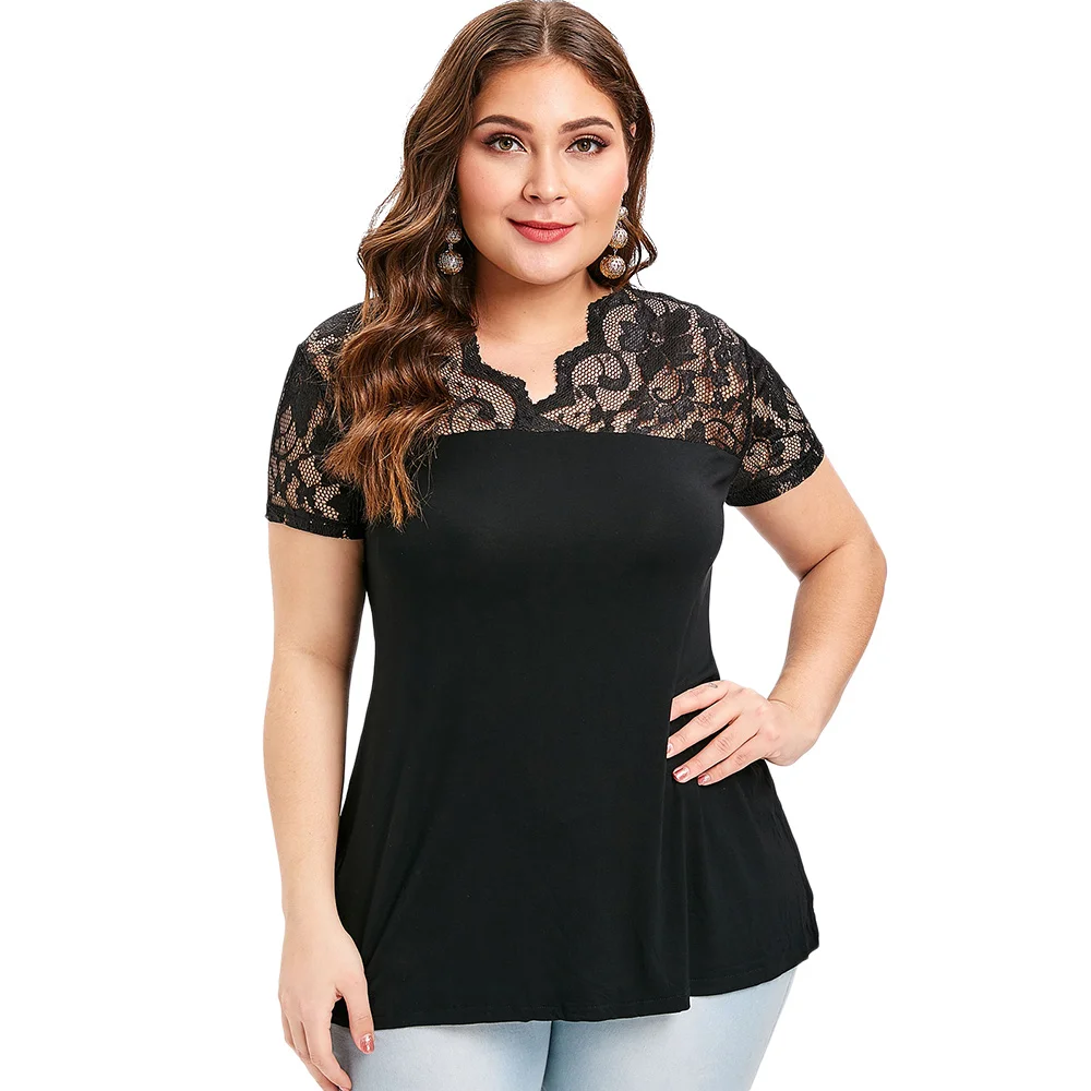 

Lace Tee 2019 New Summer T-Shirts For Women Black Short Sleeve Modern Top Plus Size Elegant Female T-Shirt Harajuku Modis Tshirt