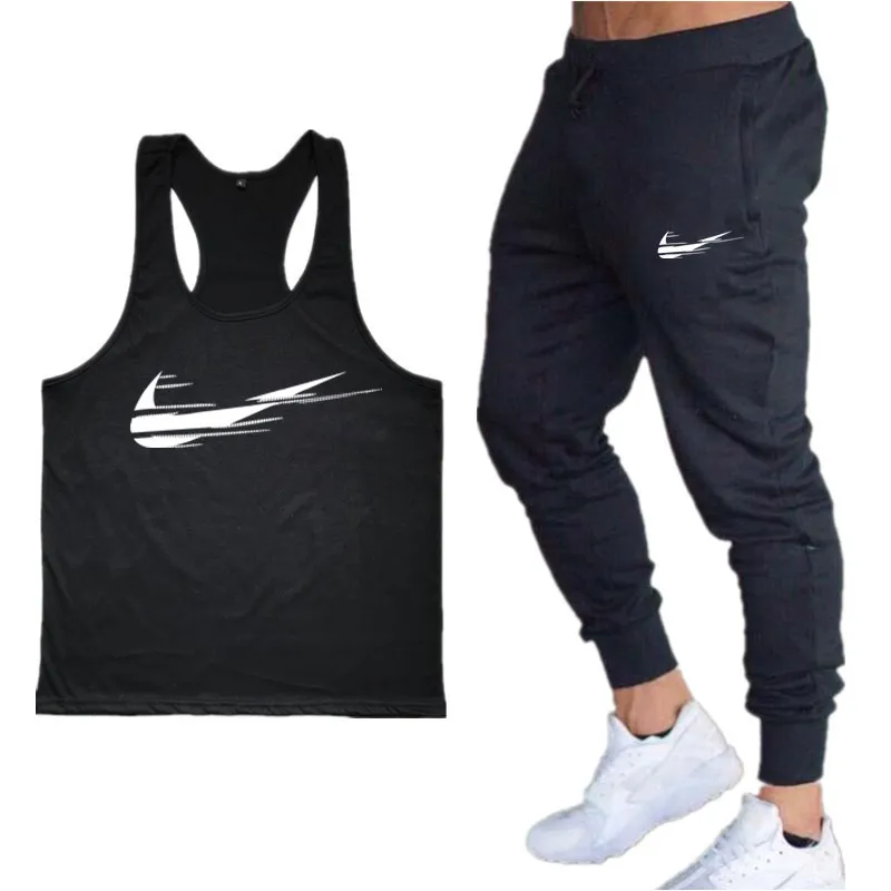 

Fashion Gyms Brand Singlet Men Trousers Two Pieces Suit Canotte Bodybuilding Stringer Tank Tops Men Fltness set Muscle Guys vest