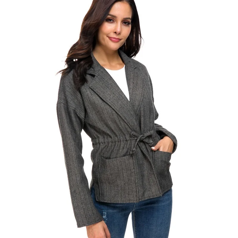

Autumn Winter Jacket Women Drawstring Belt Turn-down Collar Coat Woolen Windbreaker Coats And Jackets Women Spring Outerwear New