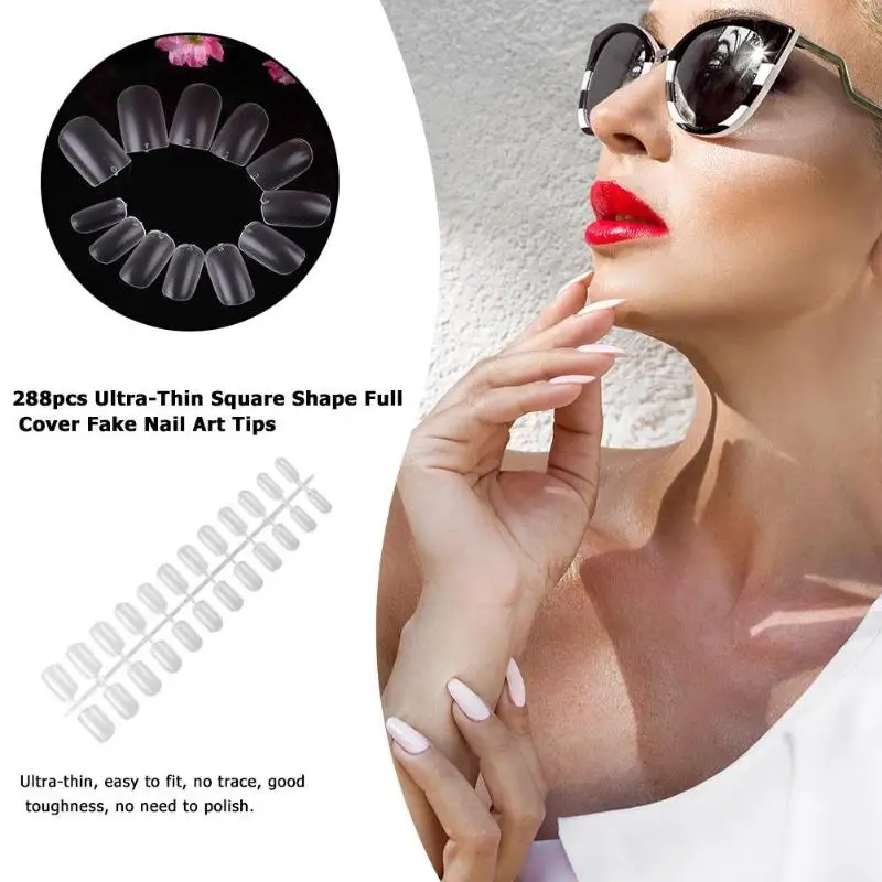 

288pcs Ultra-Thin Square Shape Full Cover Fake Nail Art Tips UV Gel Polish DIY Nail Art Jewelry Manicure Tools