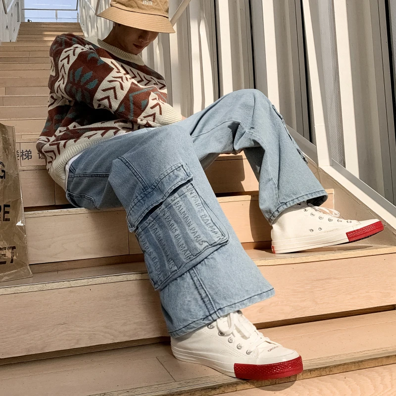 

2019 Korean Men's Fshion Trend Male Casual Loose Pants Baggy Homme Cargo Pocket Blue Color Jeans men Tide Biker Denim Trousers