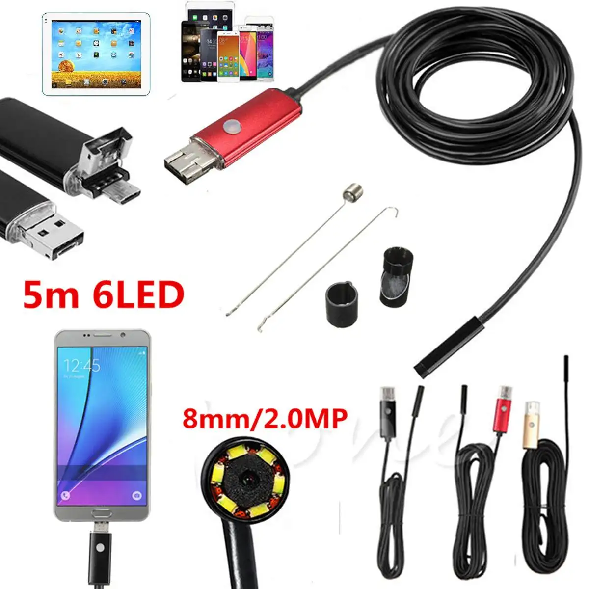 

Safurance 2IN1 5M 6 LED Mini Android Endoscope Waterproof Micro USB Inspection Video Camera Android PC