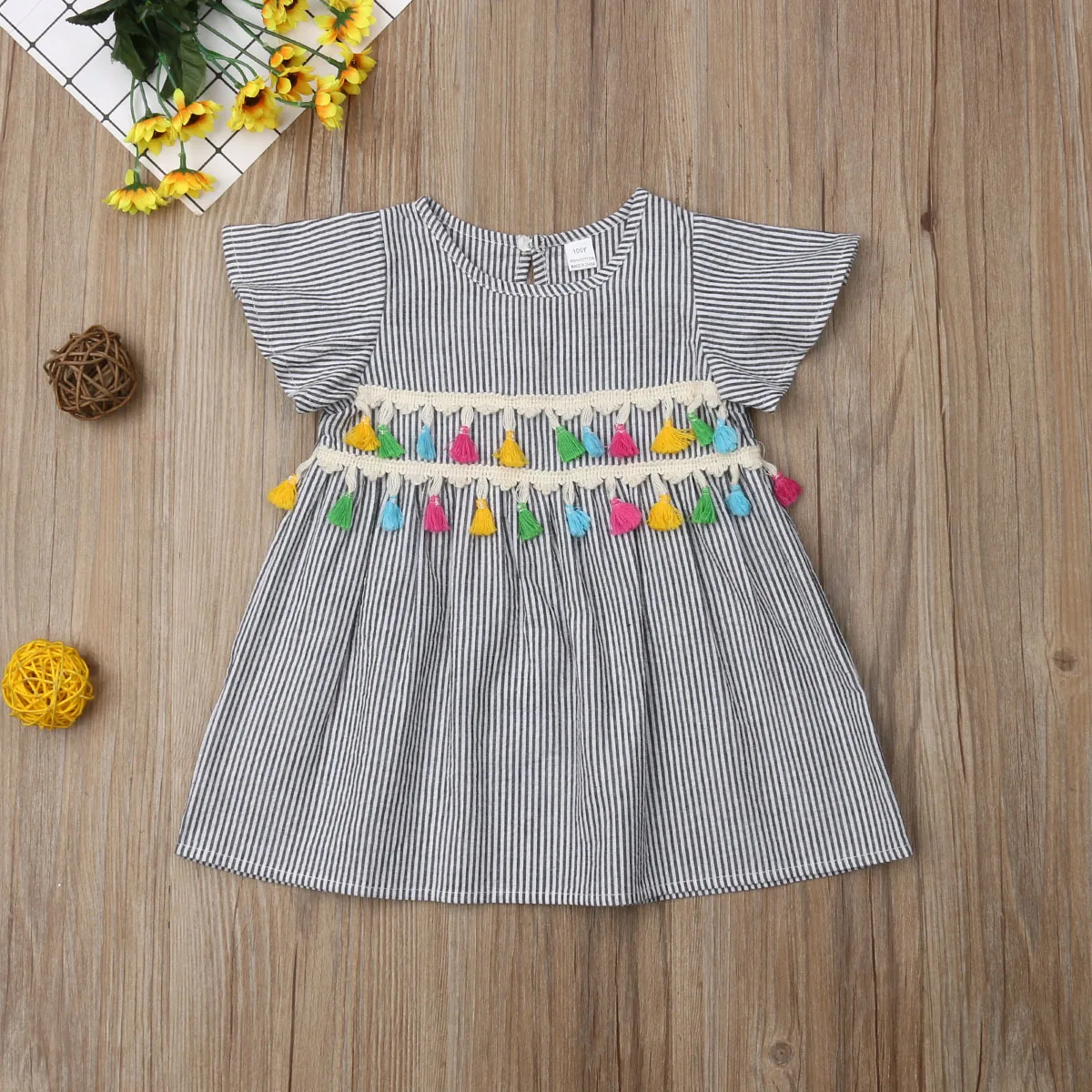 Toddler Stripe Dress Kids Baby Girl Short Sleeve Gray Black Striped