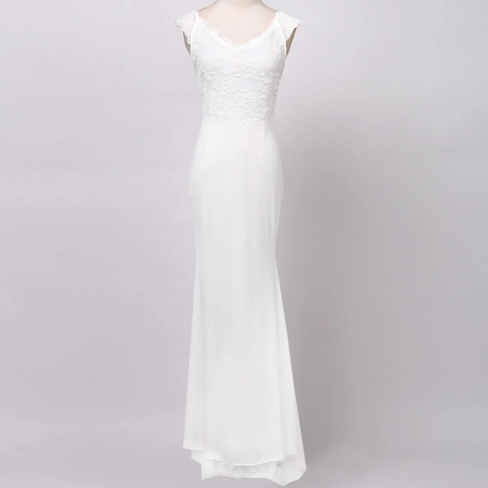 

Long Formal Party Evening Ball Green Lace Prom Gown V-Neck White Dress