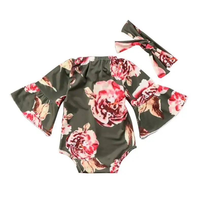 

2pcs Baby Girls Newborn Girls Romper Set Flare Sleeve Floal Print Jumpsuit + Bow Headband Clothing Set 0-24m