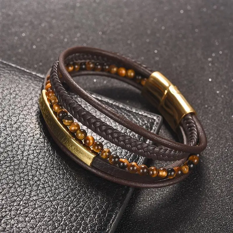 Jiayiqi натуральный камень бусины браслет для мужчин кожа многослойный классический Магнит застежки браслет мужские ювелирные изделия Прямая поставка