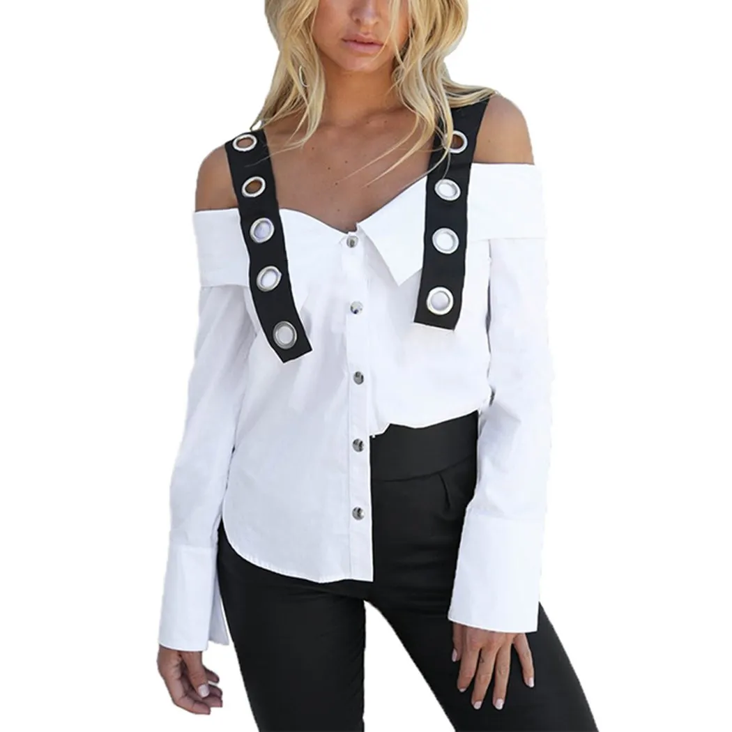 

Summer Women Off Shoulder Long Sleeved Strap Blouse Casual Corn Sling Button White Shirt Fashion Slash Neck Tops Shirt Ladies