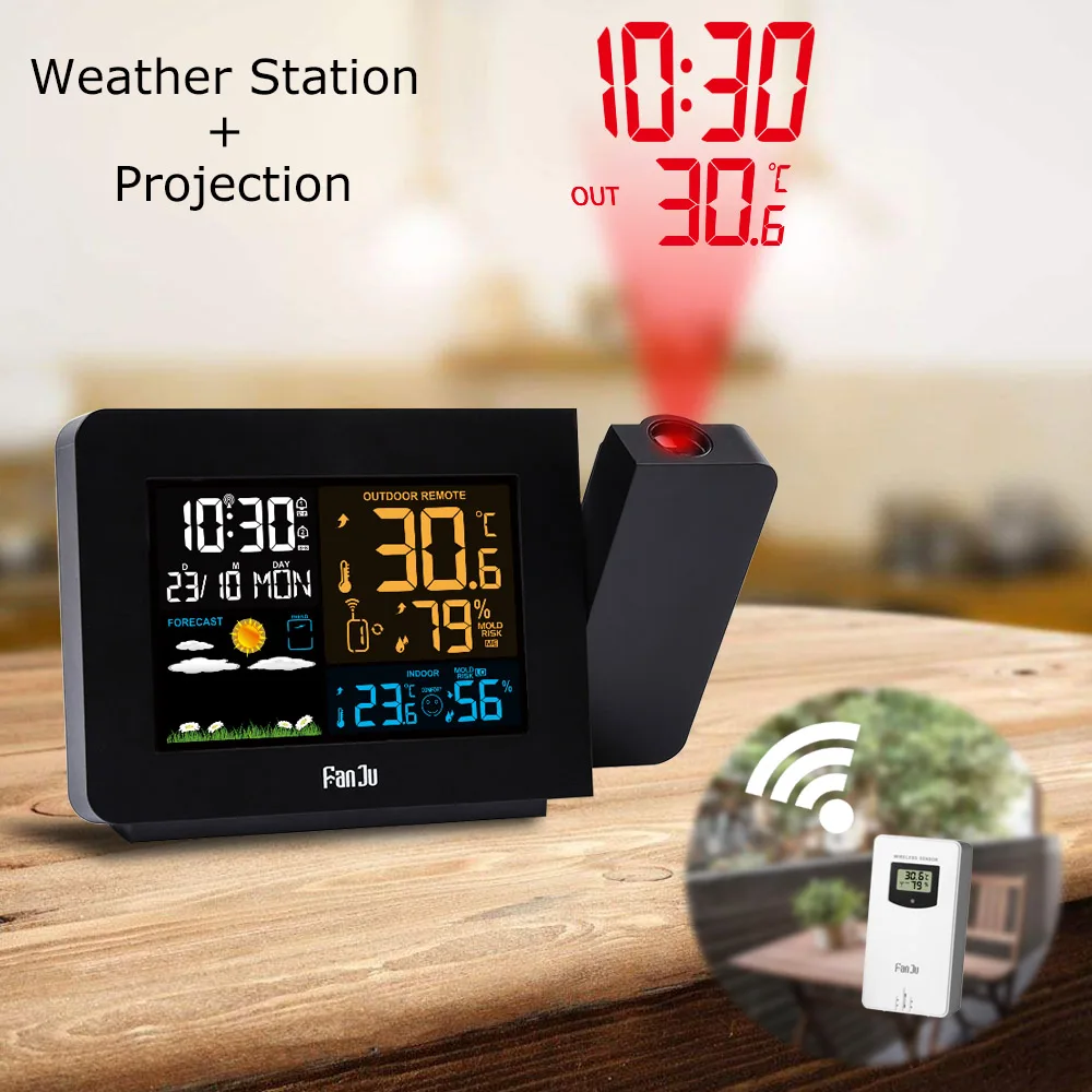 FanJu FJ3391 метеостанция беспроводной Барометр с ЖК проектором термометр гигрометр