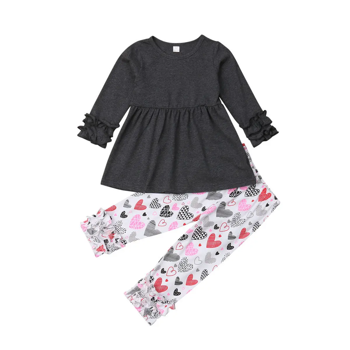 

2-7Y Toddler Kids Baby Girl Ruffles Long Sleeve Mini Dress Tops Heart Print Long Pant Legging 2PCS Princess Girls Clothes Set
