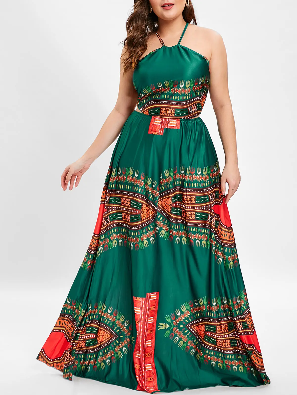 Retro Halter Neck Ethic Print Women Maxi Dress Plus Size Sexy Backless