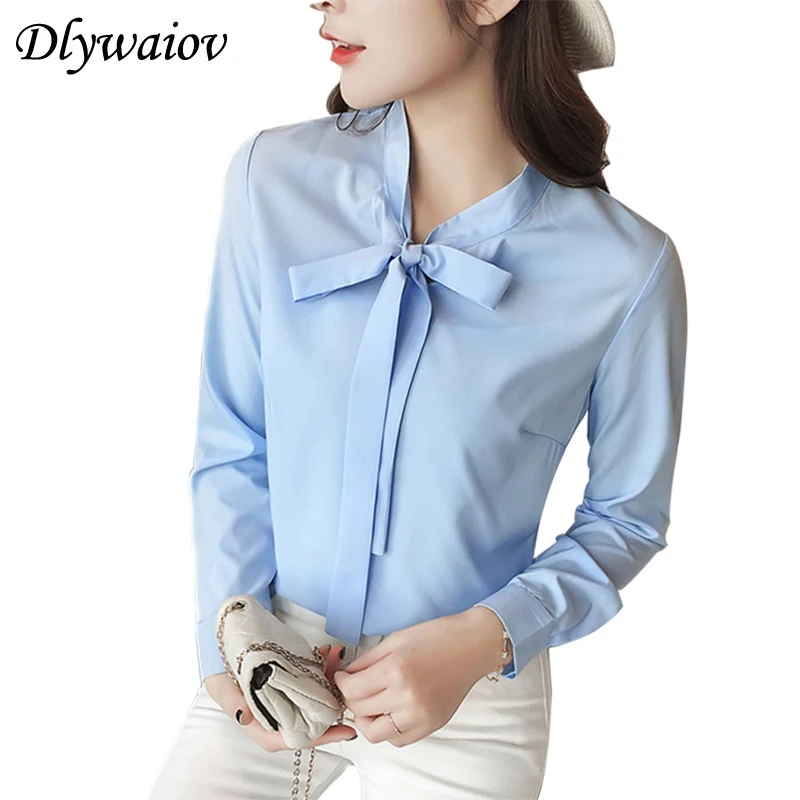 

Shirt Female Bow Collar Chiffon Long Sleeve College Wind Fashion Casual Solid Color Autumn Harajuku Wild Blouse Women Blue Tops