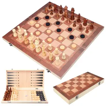 

38.5x38.5x4cm Wooden Chess Board Set Folding Travel Games Chess Backgammon Draught Large Chessmen Entertainment Chess Game Board