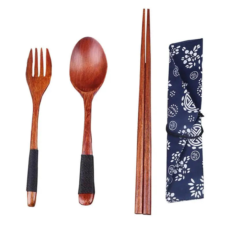 

4-piece Reusable Wooden Flatware Set Portable Utensils Include Fork Spoon 2 Chopsticks Pouch Easy To Clean