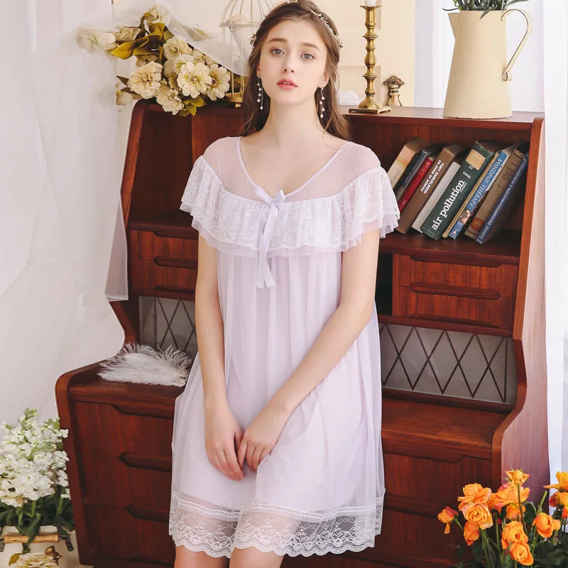 2019 Sexy Sleepwear Dress Sexy Lace Summer Nightdress Woman Lace Short Sleev Nightgowns V Neck 