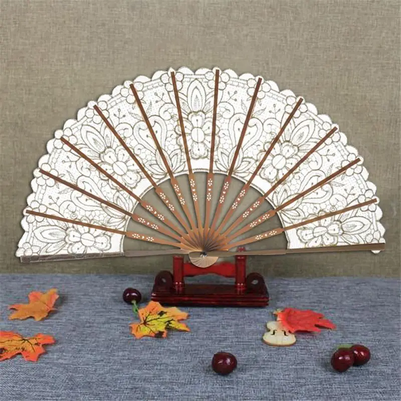 

1PC Chinese Style Lace Hand Held Folding Fan Dance Party Wedding Decor Folding Hand Held Solid White Color Fan