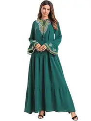 Абаи Для женщин вышивка Макси Flasre рукавом мусульманское платье Кафтан Исламская вечерние халат Этническая Стиль драпированные платья