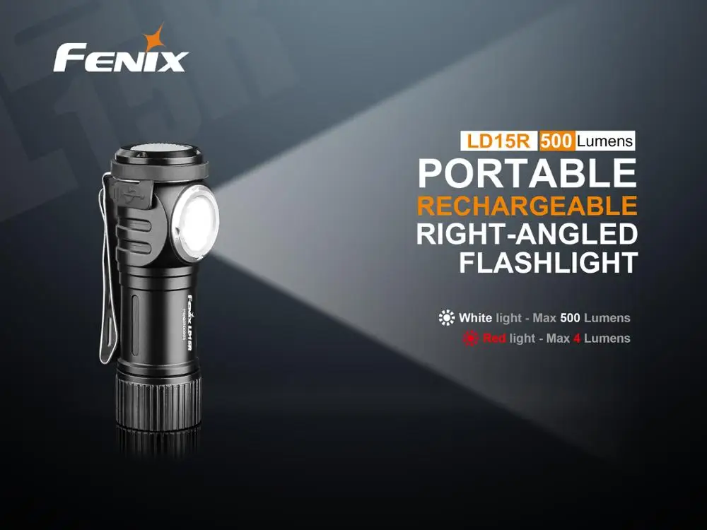 

New Arrival Fenix LD15R Cree XP-G3 LED 500 Lumens Portable Micro-USB Rechargeable Right-angled Flashlight with Li-ion Battery