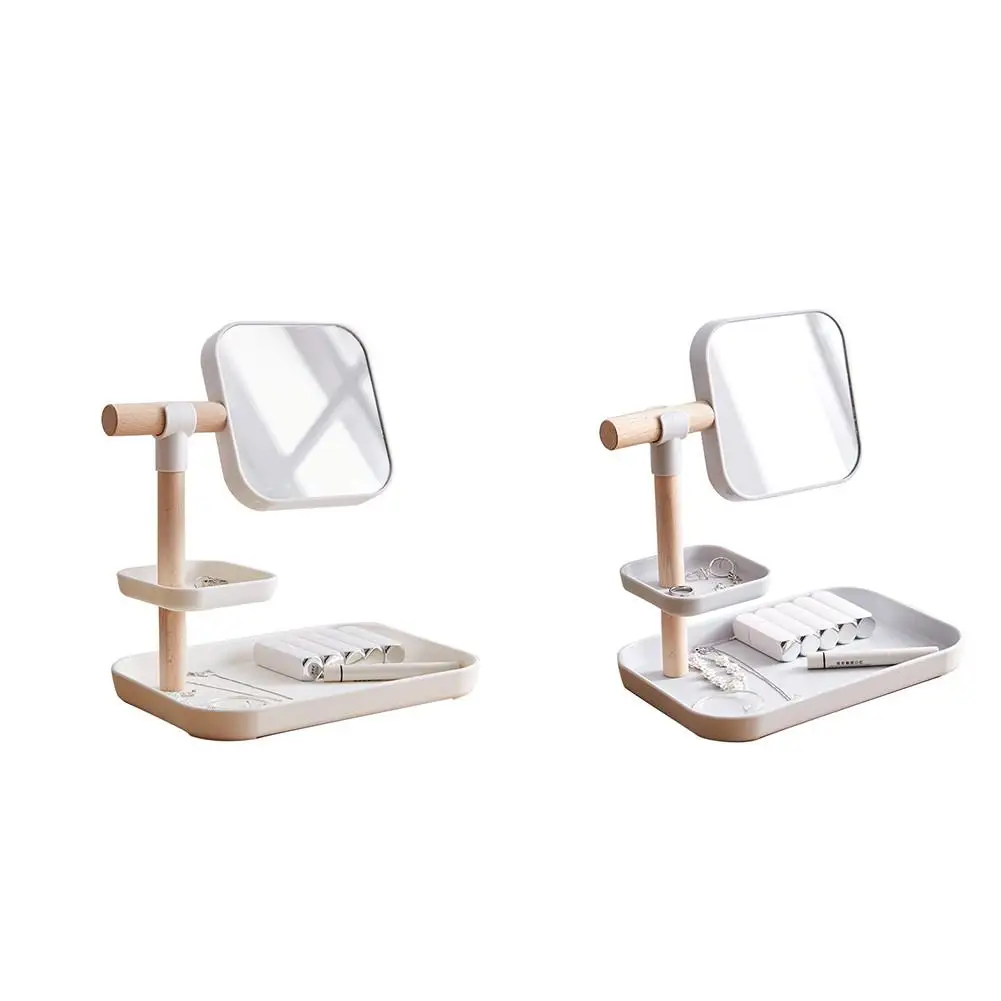

Desktop Plastic Makeup Organizers Wooden Storage With 360 Degree Rotating Mirror Cosmetic Storage Perfect Dresser Bedside Table