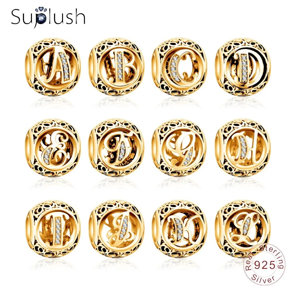 Suplush 100% стерлингового серебра 925 пробы с буквами алфавита A Z золотые бусинами