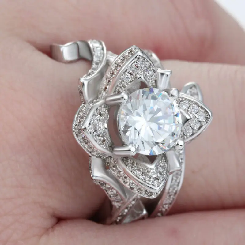 Women 925 Silver Gold Lotus Flower White Ring Set Wedding
