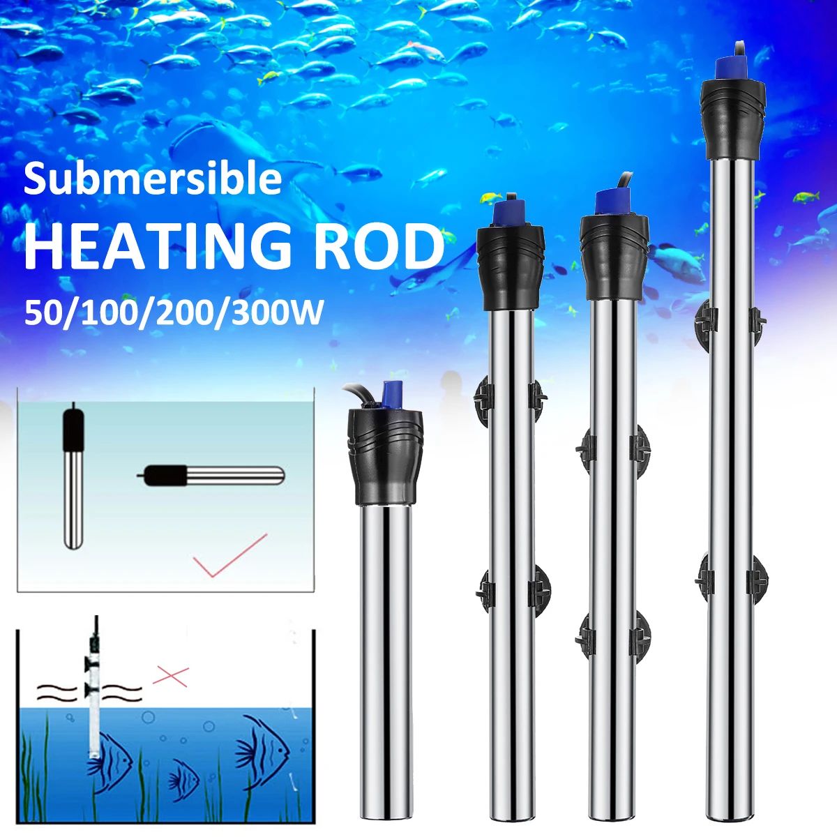 50 300W Stainless Steel Submersible Aquarium Water Heater Heating Rod