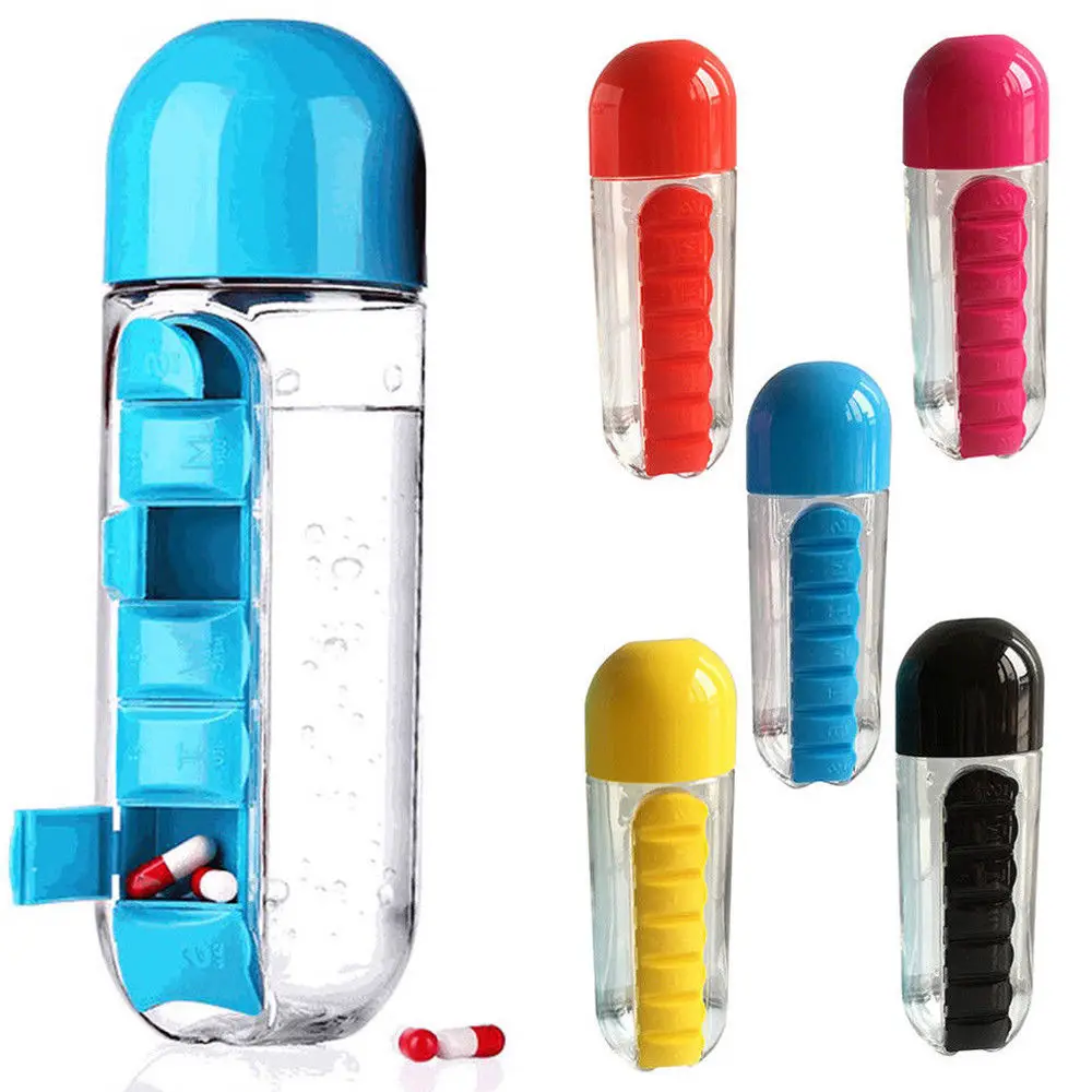 

7 Daily Pill Box Water Bottle Cup Case Capsule Organizer 2 IN1 Outdoor Use 600ML