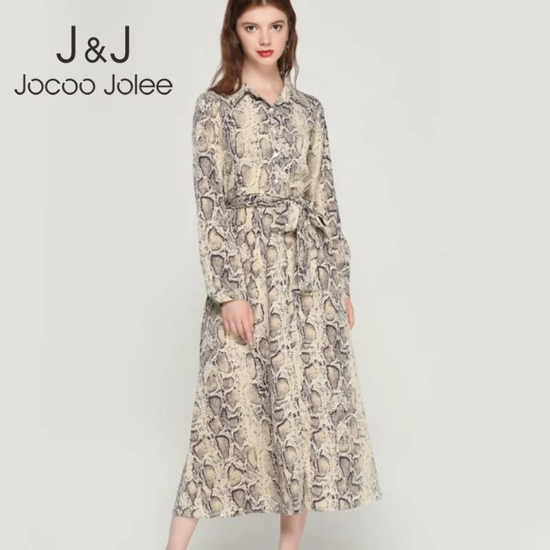 

Jocoo Jolee Women 2019 Fashion Snakeskin Printed Dress Leopard Long Sleeve One Piece Party Dresses Female Causal Midi Dress