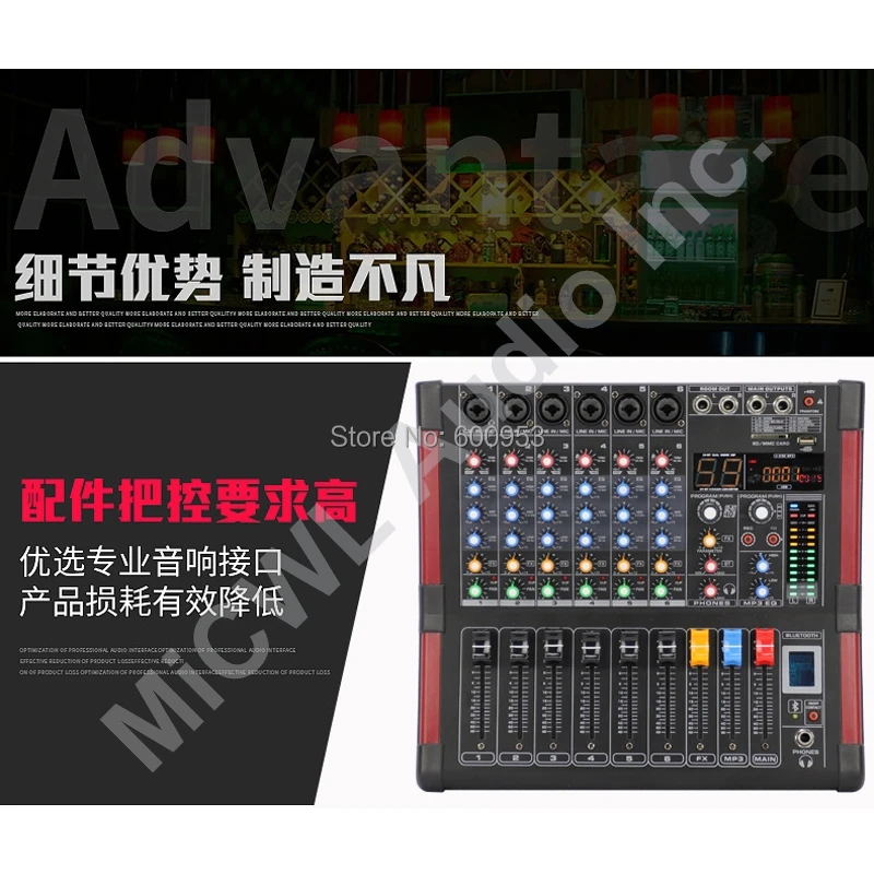 Pro 6 Channels Bluetooth Mixer 99 Digital Effects Equalizer Bluetooth Performance Mixer 48V Phantom USB SD Monitor Phones