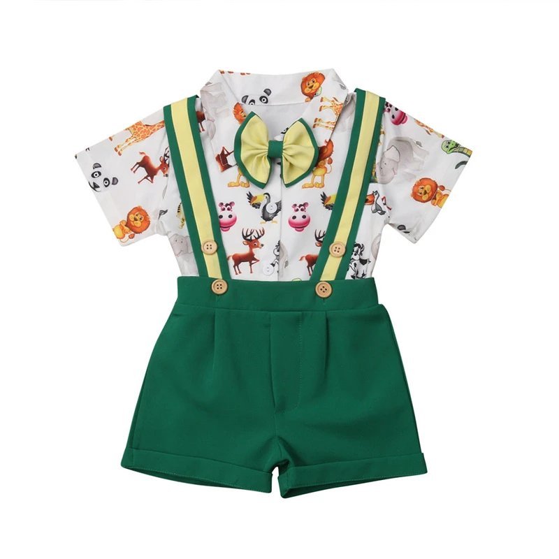 

Fashion Baby Boys Animal Formal Clothes Set Suit Cartoon Short Sleeve T-Shirt Tops+Bowtie+Suspender Pants Gentleman Outfits Set