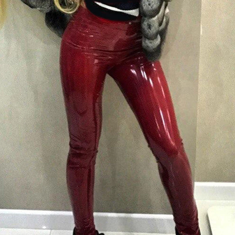 

Womens PU Leather Slim Trousers Leggings Leisure Long Pants Simple Shimmer Mini Pencil Pants