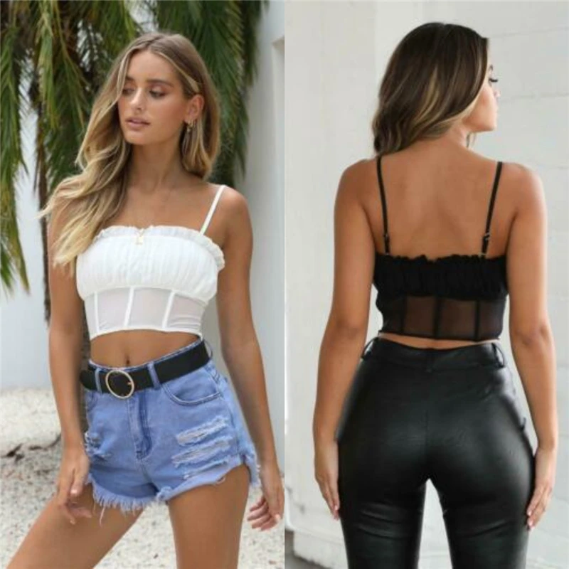 

Hot Women's Summer Sexy Black White Tank Crop Top 2019 Mesh Sleeveless Vest Off Shoulder Camisole New