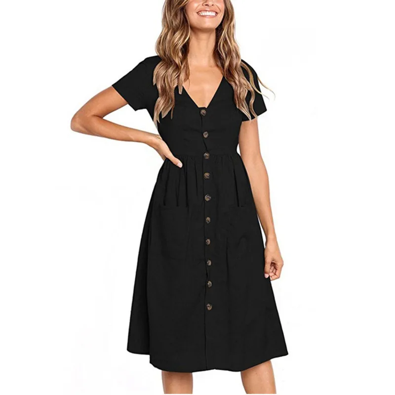 Spring Summer A line Dress Women V neck Dress Knee Length Short Sleeve