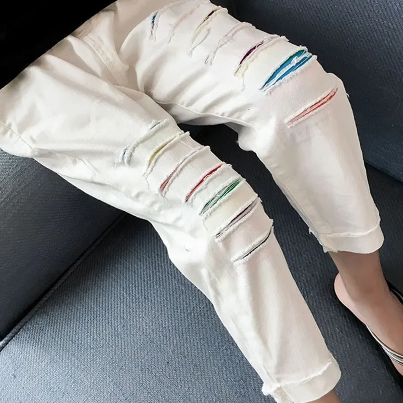 

White Broken Hole Denim Pants For Teenage Girls Mid Waist Jeans Trousers Kids Bottoms Clothing New 2019 Children Straight Jeans