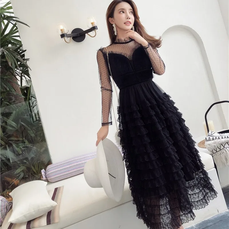 

2019 Summer Woman Mesh Lace Patchwork Sexy Elegant Cake Dresses Ladies Long Sleeve Black Lace Ball Gown Long Dress Vestidos