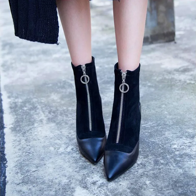 

Leather boots autumn and winter plus velvet stiletto 2019 new high heel booties pointed sexy wild fashion women's boots
