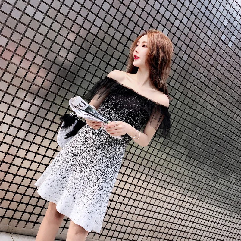 

dress female 2018 summer new small fragrance lady Korean version splice ruffles dot sequined print slash neck off shoulder dress