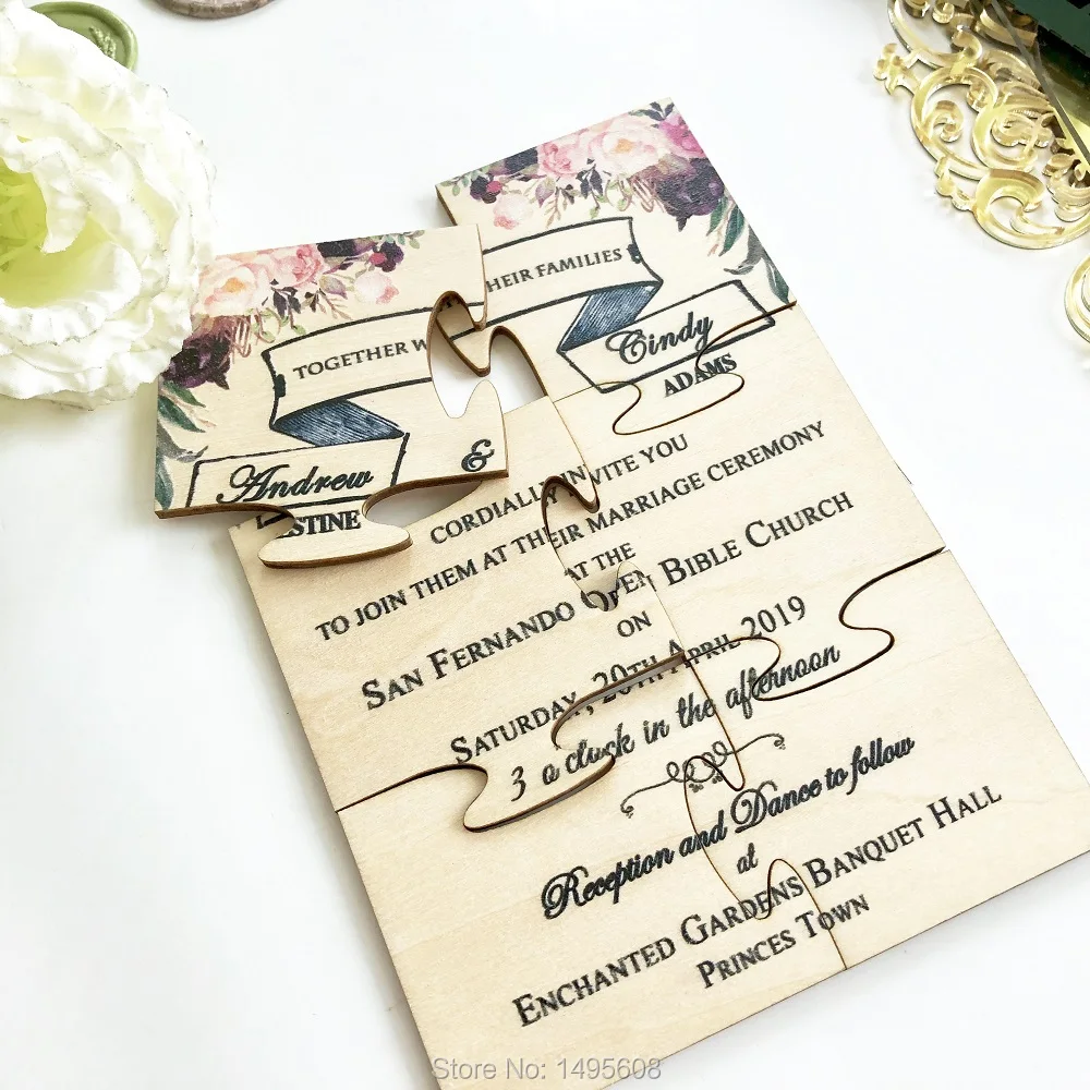 

Rustic Wedding Invitation, Flower Wedding Invitations, Wooden invitation,Laser Cut Wedding Invitations, Invitation Puzzle